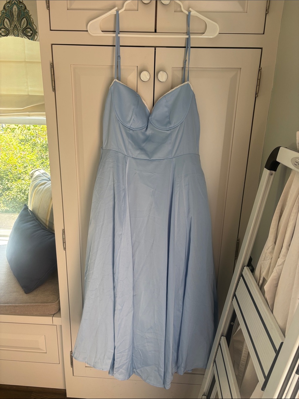 Light Blue Spaghetti-Strap Midi Dress with Sweetheart Bodice
